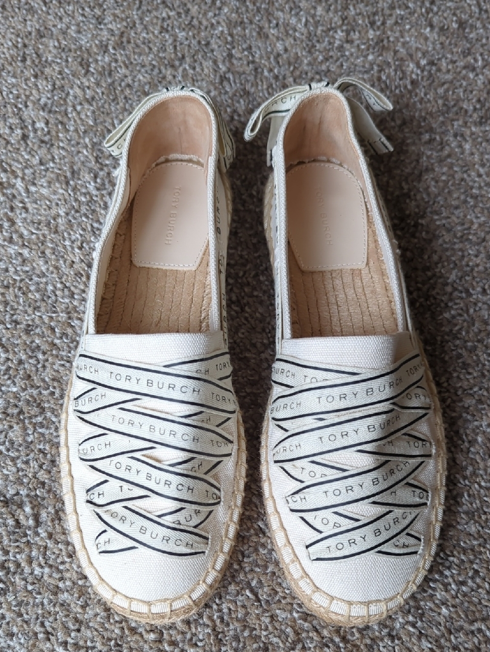 Tory Burch Cream Canvas Logo Ribbon Espadrilles Flats NWOB
